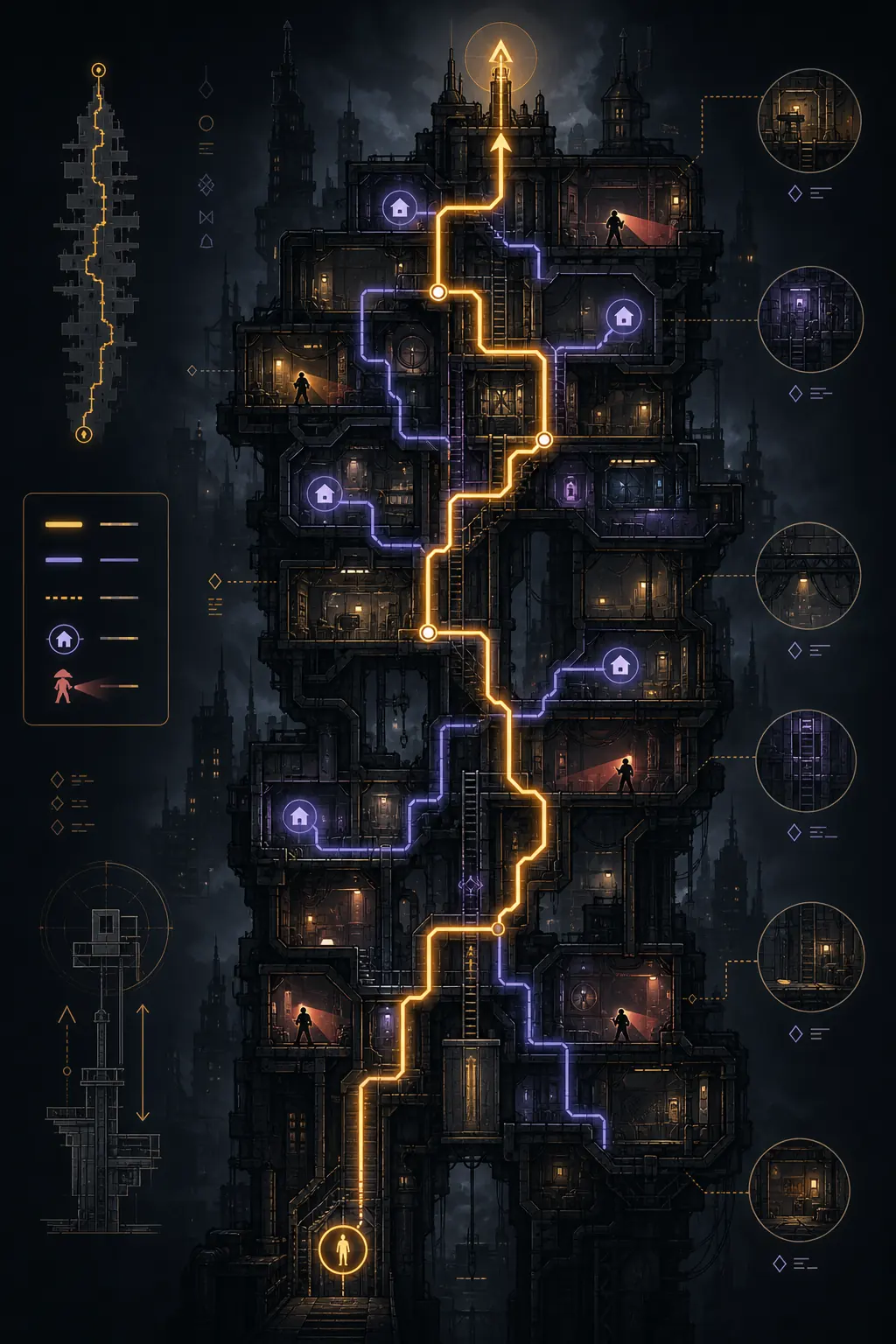 Ilustracion editorial vertical de la ruta de Metropolis para Artificer con refugios y objetivo
