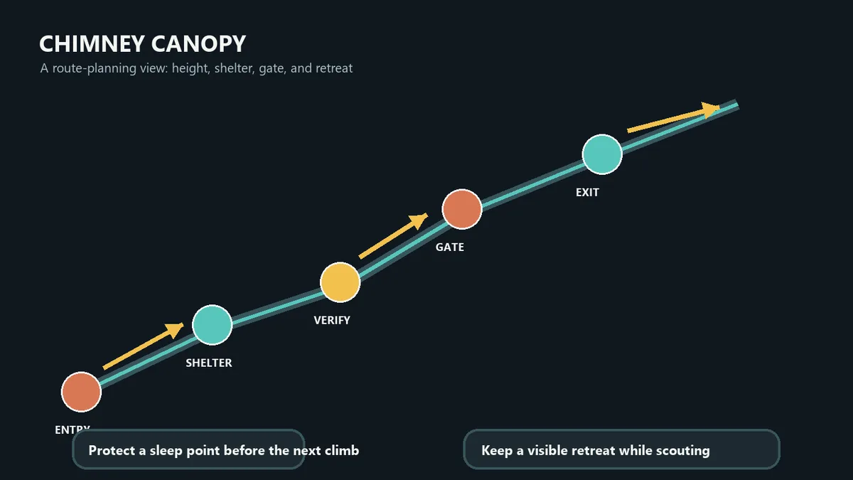 入口、シェルター、ゲート、出口を示すChimney Canopyの編集部作成ルート図