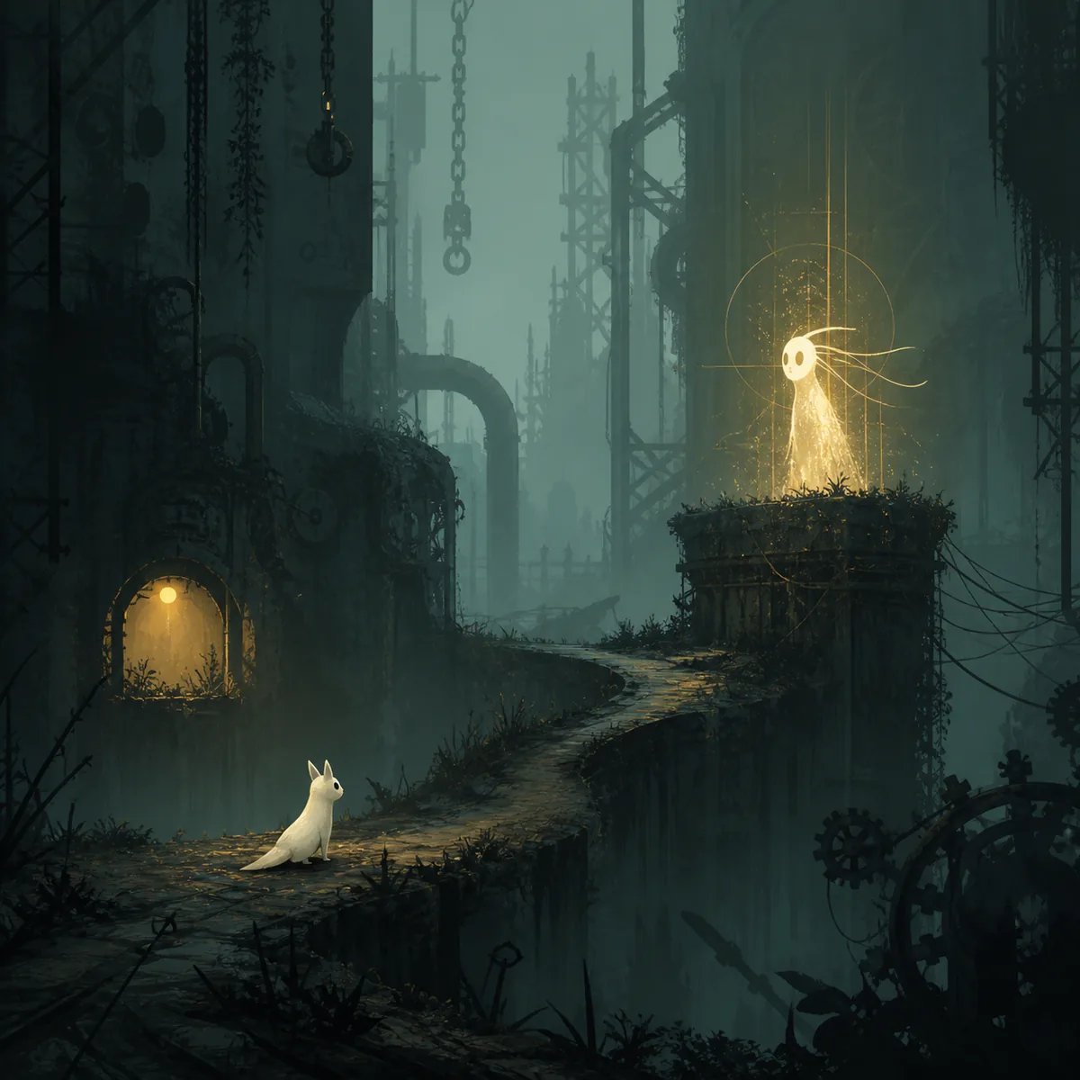 Ilustración editorial de un slugcat acercándose a un Echo luminoso en una región en ruinas de Rain World