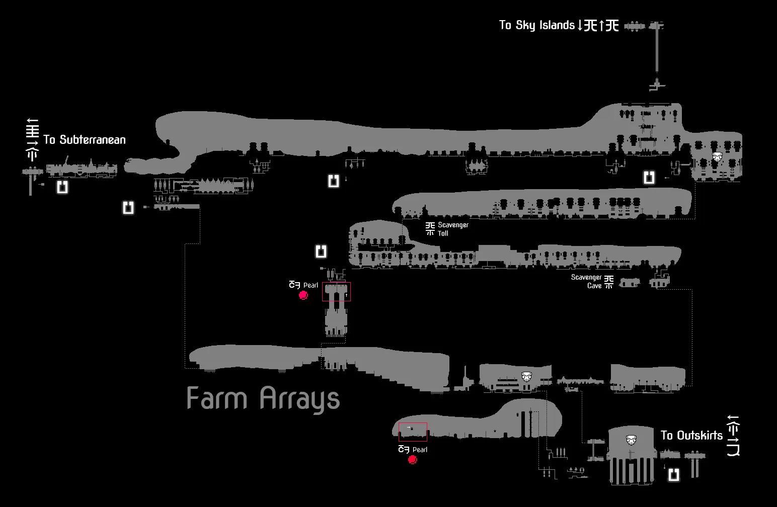 Mapa comunitario de Farm Arrays con conexiones hacia Sky Islands, Subterranean y Outskirts