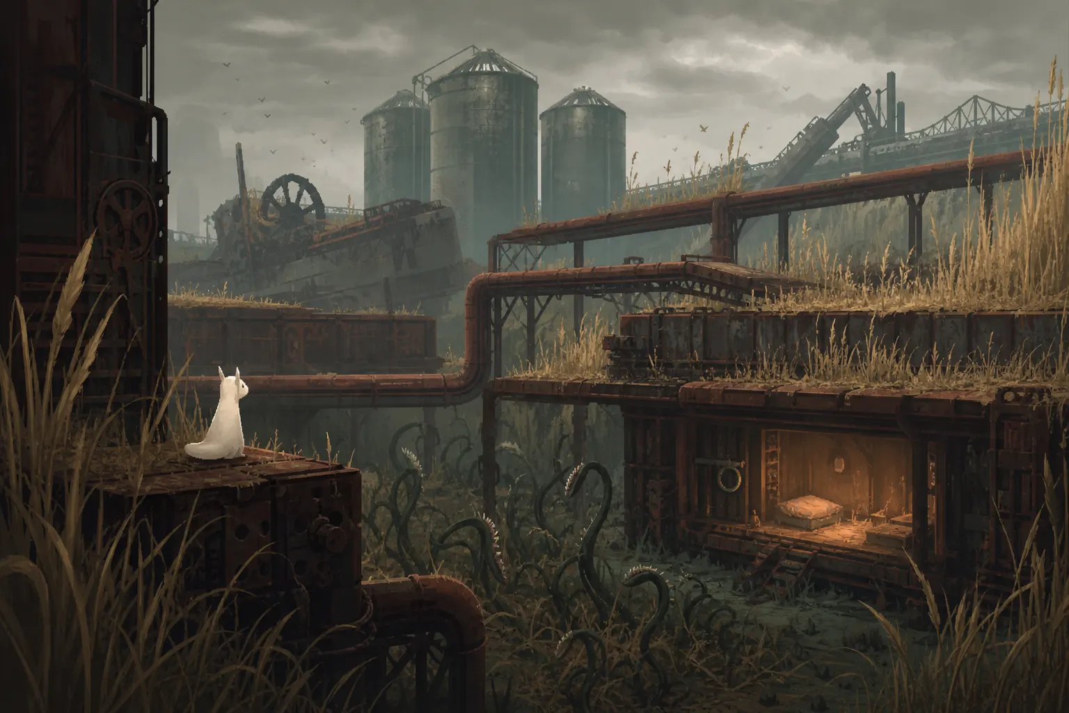 Ilustración editorial de Farm Arrays con Worm Grass bajo una plataforma segura y la entrada de un refugio