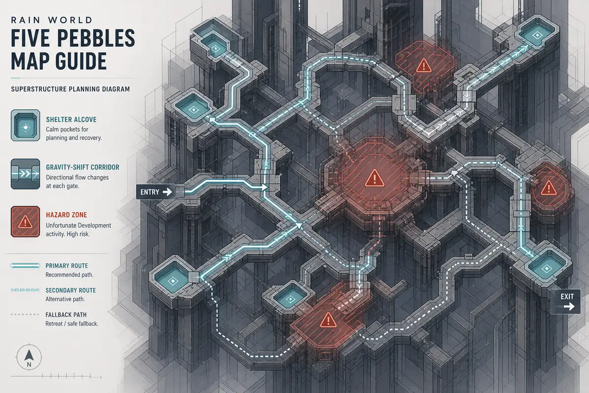 Visual editorial de refugios, peligros y rutas de retirada en Five Pebbles