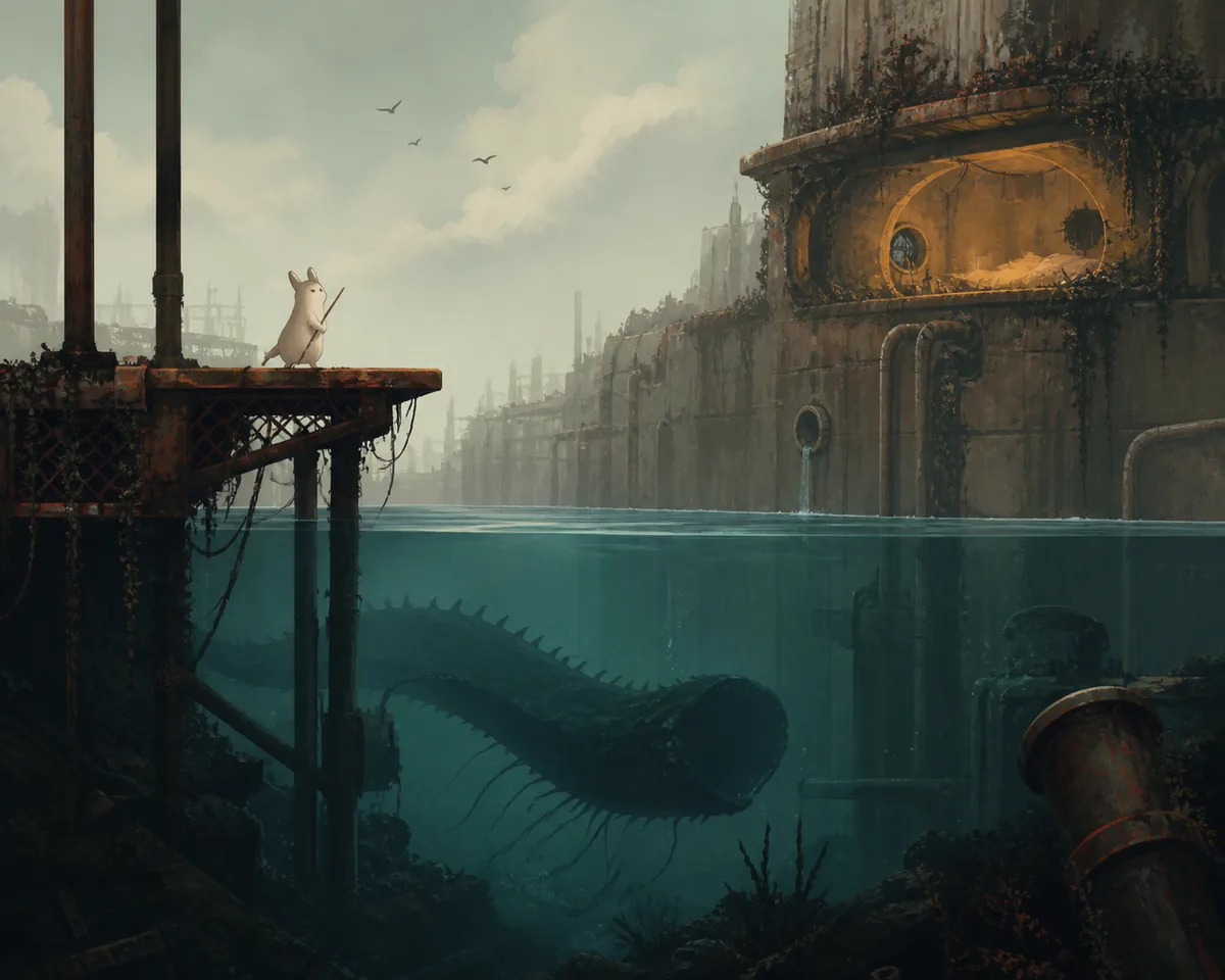 Redaktionelle Illustration eines Slugcat, der von einer erhöhten Plattform einen Müllwurm im Wasser beobachtet