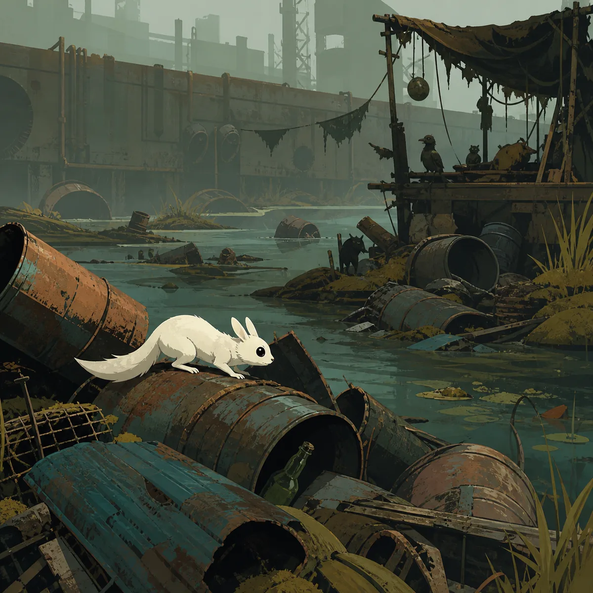 Redaktionelle Illustration eines Slugcat zwischen rostigen Rohren und flachem Wasser in Garbage Wastes