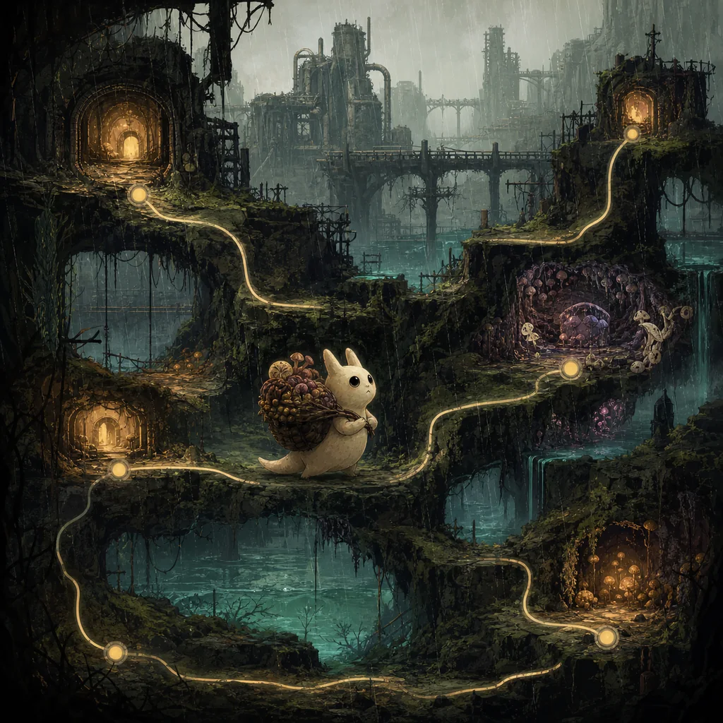 Redaktionelle Rain World Gourmand Routenillustration mit Nahrung, Verstecken und verzweigten Wegen