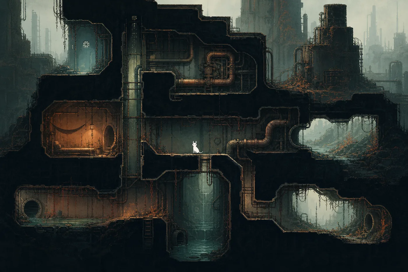 Editorial route concept for Industrial Complex shelters and exits