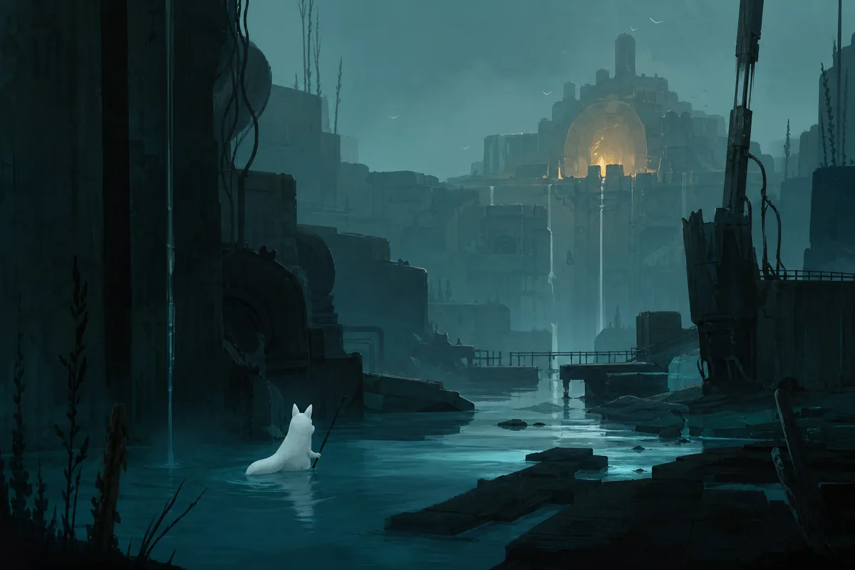 Ilustración de Rain World con Spearmaster acercándose a una instalación luminosa de Looks to the Moon entre ruinas inundadas