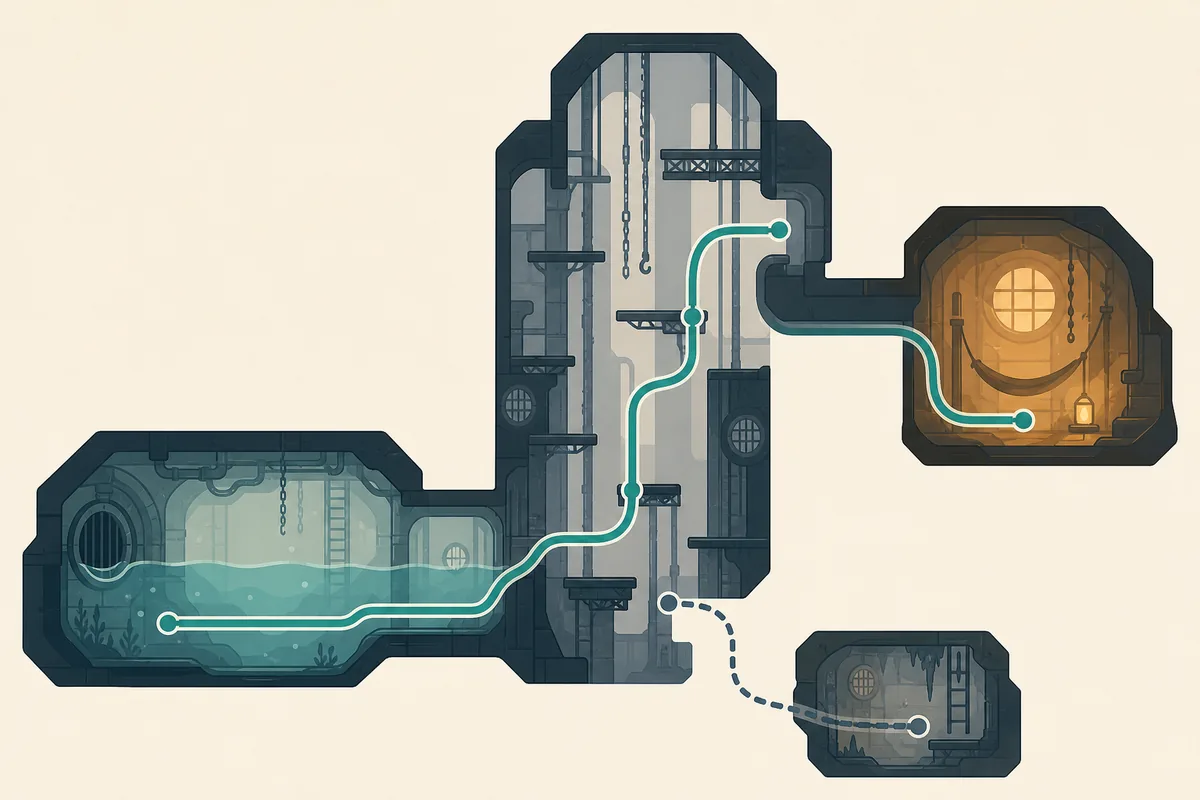 Diagrama ilustrativo que conecta una entrada inundada, una instalación vertical, Moon y una salida alternativa