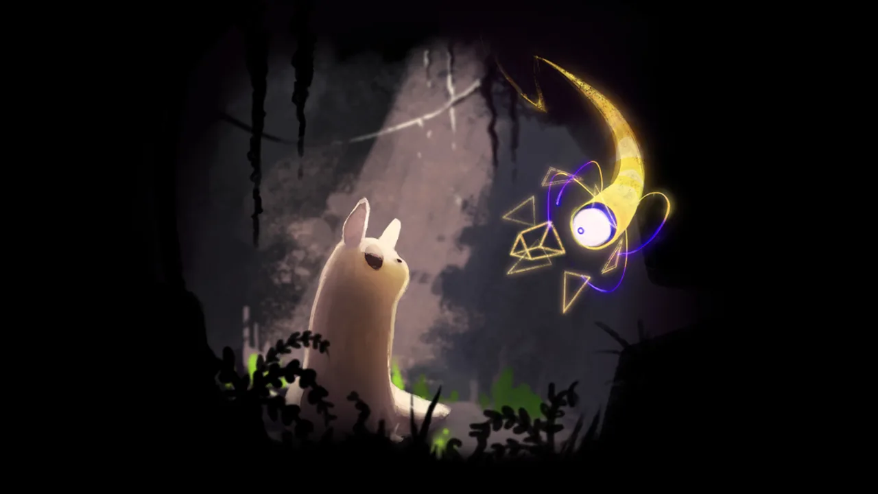 Immagine ufficiale di Rain World con uno slugcat accanto a un Overseer luminoso al buio