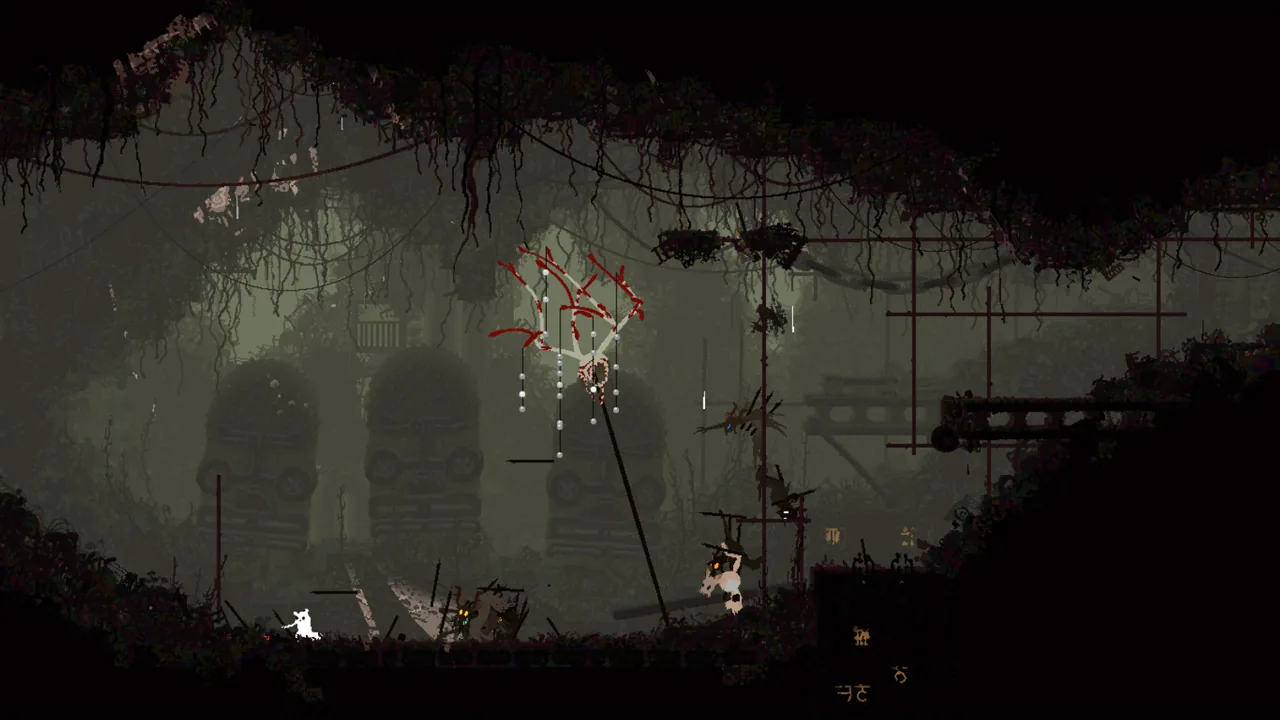Immagine ufficiale di Rain World con uno slugcat e scavenger in una rovina oscura