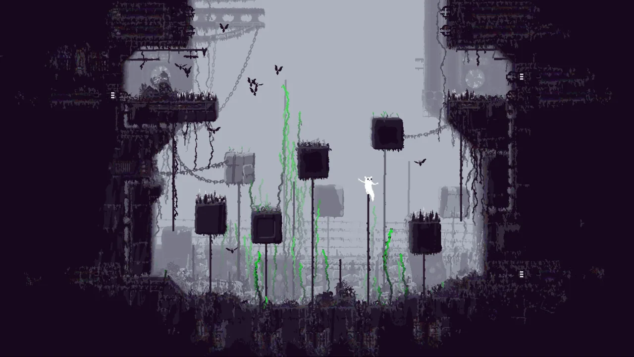 Immagine ufficiale di Rain World con piattaforme verticali e vuoti pericolosi