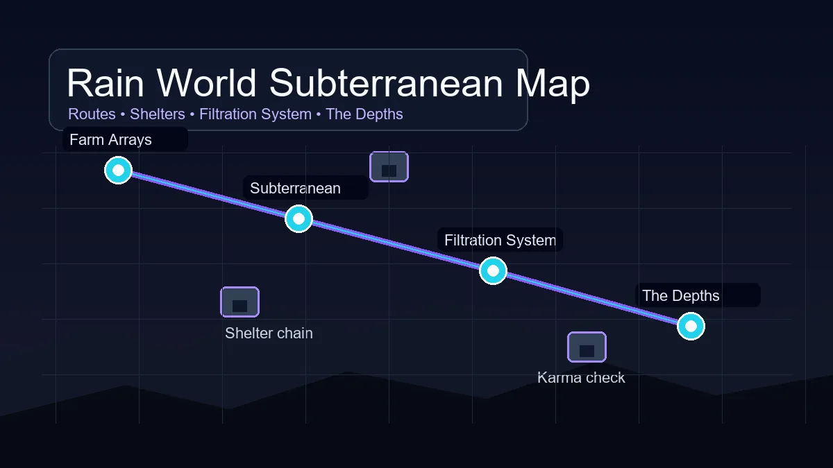 Rain World Subterranean map route diagram showing Filtration System and The Depths access