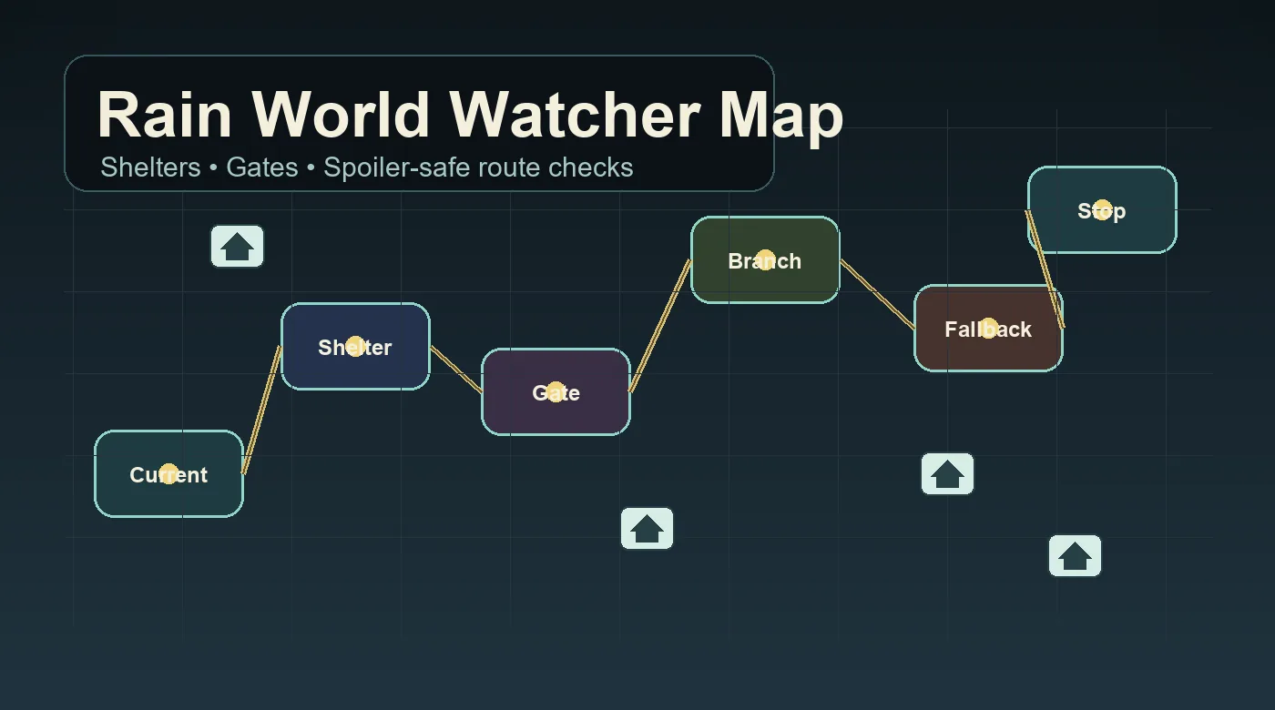 Rain World Watcher のシェルター、ゲート、ネタバレ、ルート確認を示すマップ計画図
